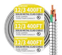 Cable MC de 12/3 con tierra de 400 pies, calibre 12, cable eléctrico de 3 conductores con armadura de aluminio, cable de cobre puro sólido para instalación subterránea en interiores y exteriores