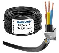 Cable redondo de plástico H05VV-F 3 x 1,5 mm² 3 G1,5 (mm2) - Color: negro 5 m/10 m/15 m/20 m/25 m/30 m/35 m/40 m/45 m/50 m/55 m/60 m etc. hasta 100 m en pasos de 5 metros a elegir
