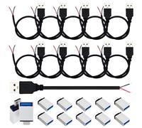 Cable USB 2.0 macho desnudo, cable alimentación USB CESFONJER 22 AWG y kit 10 adaptadores, cable alimentación extremo abierto con coleta 2 núcleos bricolaje 0,3 m/1 pie solo para cargar el dispositivo