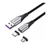 Cable USB 2.0 Vention CQNHD 50cm Magnético Algodón Trenzado 5A microUSB y USB-C Gris