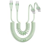 Cable USB A a USB C en espiral para CarPlay [3 pies + 6 pies], cable USB a USB C de carga rápida de 60 W, cable USB tipo C para iPhone 17/16/15/Pro Max/Plus/Samsung Galaxy S26/S25/Ultra-Green