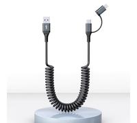 Cable USB A a USB C y Lightning 2 en 1 para Apple Carplay y Android Auto, Carga rápida 3A y datos [Certificado MFI] Cable corto USB Lightning en espiral, compatible con iPhone 16/15/14/13/Android