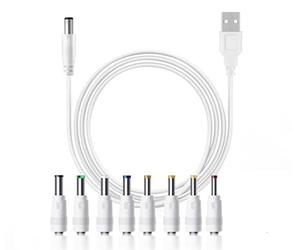Cable USB a Conector DC 8 en 1,Cable de Alimentación Universal 5V a Cable de alimentación de 1m Cable de Carga multiconector USB a Adaptador DC para Router, Altavoz, Tiras LED Longitud 1,00 m Blanco