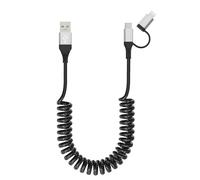 Cable USB a USB-C y Lightning 2 en 1, cable en espiral compatible con Carplay y Android Auto [carga rápida y sincronización de datos MFi y 3 A], cable Lightning en espiral y USB C para iPhone 16/15/14