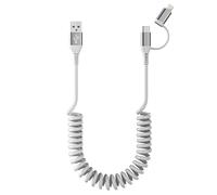 Cable USB C y Lightning 2en1 en Espiral para iPhone 15[MFi y 3A y Datos] USB A a USB C Lightning Carplay y Android Auto Cable de carga corto para iPhone 15/14/13/12/11/Android/Huawei/Galaxy Blanco