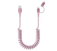 Cable USB C y Lightning 2en1 en Espiral para iPhone 15[MFi y 3A y Datos] USB A a USB C Lightning Carplay y Android Auto Cable de carga corto para iPhone 15/14/13/12/11/Android/Huawei/Galaxy Rosa