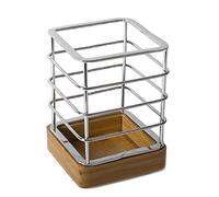 CABLEPELADO Porta utensilios de cocina para la encimera | Porta cubiertos Cuadrado de Mesa Cuadrado | Escurre cubiertos | Acero inoxidable y base de madera | Medidas 14 cm altura x 10 cm ancho