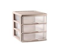 CABLEPELADO Torre de almacenamiento con 3 cajones sobremesa, Organizador de escritorio, Caja de almacenamiento de escritorio,18 cm alto x 17.7 cm ancho x 21.5 cm fondo, Beige y cajones transparentes