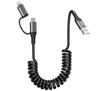 Cables iPhone en Espiral Rapida para Apple Carplay y Android Auto, 2 en 1 Multi USB Cargador Cable Retráctil con Transmisión de Datos, Cable USB a Lightning Tipo C para iPhone 16/15/14/Huawei/Galaxy