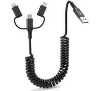 Cables iPhone en Espiral Rapida para Apple Carplay y Android Auto, 3 en 1 Multi USB Cargador Cable Retráctil con Transmisión de Datos, Cable USB a Lightning Micro USB Tipo C para iPhone 15/14/Galaxy
