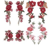 CABODYALS 8 Pieza de 4 Estilos de Apliques Bordados de Flores Rojas para Coser En Parches de Tela Florales Vintage, Parche Bordado de Poliéster Colorido para Escote, Accesorios de Ropa, Manualidades,