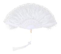 CABODYALS Abanico de Plumas Plegable Blanco de Mano, Estilo Chino, con Encaje Bordado Y Motivos Florales, con Borlas Colgantes, Suave Y Esponjoso, para Mujer, para Bodas, Fiestas, Bailes, Decoración