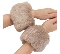 CABODYALS Puños de Piel Sintética Marrón Puños Cálidos Y Esponjosos Puños de Piel de Color Caqui para Invierno Calentadores de Brazos Cortos Guantes de Felpa con Mangas Largas Muñequeras para Mujer Pu