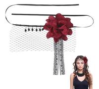 CABODYALS Tocado Gótico Negro, Diadema con Rosas Rojas, Velo de Malla, Diadema de Flores de Encaje Vintage, Tocado Estilo Flapper, Accesorios para Disfraces, Tocados para la Frente para Mujeres, Hallo