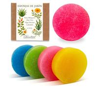 CABRERIZO SOAP 4 Esponjas Jabonosas - Jabones artesanales, Jabones para regalar - Esponjas de Jabon Glicerina Vegetal 2 en 1 - Pack 4 × 100 g Esponja baño - Rosa Mosqueta, Aloe Vera, Algas y Caléndula