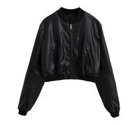 CABULE Chaqueta de uniforme de béisbol con cuello alto corto estilo motocicleta chica caliente de cuero PU retro-Negro-M