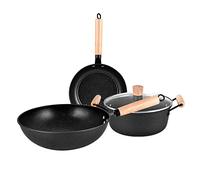 Cacerola antiadherente, sartén de hierro fundido, Juego de 3 utensilios de cocina antiadherentes Maifan Stone con wok, sartén y cacerola con tapa