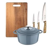 Cacerola con tapa de Ø25,5x12cm en Hierro fundido color Azul + 3 Cuhillos en acero inoxidable + Tabla de corte 40x25cm NOIA San Ignacio