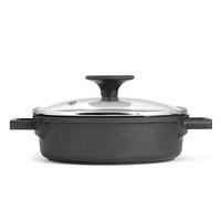 Cacerola de aluminio fundido con revestimiento antiadherente de 16 cm. Dispone de tapa de cristal con pomo de baquilita. Fondo apto para todas las placas de cocción incluida inducción. CP