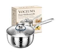 Cacerola de titanio con tapa de cristal, superficie de cocción sin recubrimiento, libre de PFAS y PTFE, base multicapa para inducción, gas, eléctrica y vitrocerámica (20 cm)
