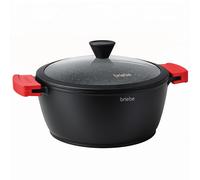 briebe Black Titanium Cacerola Cocina Inducción Antiadherente Titanio, Cazuela 24cm, Aluminio Fundido, Recubrimiento sin PFOA, Tapa Cristal, Asas Silicona Extraíbles, Vitrocerámica, Gas, Horno