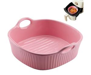 Cacerola redonda de cerámica rosa, para freidora de aire caliente, 18,5 x 16,5 x 5,5 cm, molde para lasaña, molde redondo multicolor esmaltado