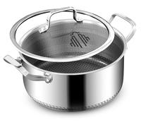 Cacerola y Sartén de Acero Inoxidable 18/10 con Tapa - 20cm 2L, 24cm 4L, 24cm 5L - Antiaderente, Anti-Rayas, Inducción, Horno, Lavavajillas, Libre de PTFE/PFOA, Mango Frío (5 Litro)