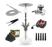 Cachimba Praedo Gris 72 cm 4 Personas con 1 Kg Carbón, Hornillo 500W y 100 Boquillas | Set Completo con Chimenea, Cazoleta de Piedra, Molasse Catcher, Manguera, Boquilla y Pinza