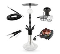 Cachimba Praedo Negra 72 cm 4 Personas con Hornillo 500W | Set Completo con Cazoleta de Piedra, Chimenea, Molasses Catcher, 1 Manguera, 1 Boquilla, Pinza, Base de Vidrio