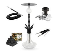 Cachimba Praedo Negra 72 cm para 4 Personas con 1 kg Carbón Cocobration 26mm | Set Completo con Cazoleta de Piedra, Chimenea, Molasses Catcher, 1 Manguera, 1 Boquilla, Pinza, Base de Vidrio