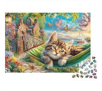 Cachorro Beagle en Jardín Premium Rompecabezas 1000 Piezas para Adultos Gato Atigrado Relajándose en Hamaca, Grueso Resistente, Vibrante Desafiante Duro Alivio Estrés 52x38cm/1000pzs