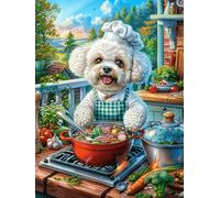 Cachorro bichón frisé cocinando en cocina acogedora Puzzle 1000 Piezas Educativo Construir 3D Fauna mascotas Rompecabezas Para Familia Maquetas Educativas Desafío Intelectual Decoración Hogar 1000 PCS