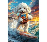 Cachorro bichón frisé surfeando Ola Puzzle 1000 Piezas Obra De Arte Familiar Fauna Mascotas Rompecabezas 3D para Hombres Y Mujeres Juguete Educativo Desafío Intelectual 1000 PCS