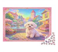 Cachorro Blanco Adorable Puzzle para Adultos Puzzle de 1000 Piezas Papel Escena de Pueblo Jardín Europeo Relajación Decoración Familiar Regalo Focalizar 70x50cm/1000pcs
