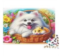 Cachorro Blanco Puzzle de 1000 Piezas Papel para Adultos Cesta con Mascota Tierna Flores de Primavera Relajante Juego Familiar Decoración Regalo 52x38cm/1000pcs