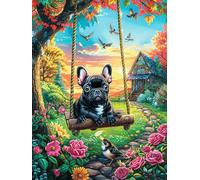 Cachorro Bulldog Francés en el columpio Puzzles 300 Piezas Obra De Arte 3D Familiar Premium Mitos fantásticoss Cuento De Hadas Rompecabezas Para Adultos Aliviar Estrés Decoración Hogar Moderno DIY 300