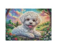 Cachorro caniche Blanco Flores Puzzles 300 Piezas Estera Portátil 3D Rompecabezas Familiar para Adultos Aliviar Estrés Decoración Hogar Moderno Creativo 300 PCS