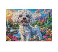 Cachorro caniche Blanco Flores Puzzles 300 Piezas Maquetas Educativas 3D Rompecabezas para Familia Construir DIY Aliviar Estrés Decoración Hogar 300 PCS