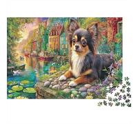 Cachorro Chihuahua Rompecabezas Premium de cartón Chihuahua sobre Piedra Junto al Estanque en el Pueblo, Entrenamiento Cerebral y decoración del hogar 70x50cm/1000 Piezas