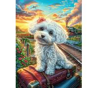 Cachorro de Bichón Frisé en el bosque mágico Puzzle 300 Piezas Cartón Blanco Premium Para Coleccionistas Dibujo Animado de Paisajes de Cuento de Hadas Toda La Familia Compatible Marco Estándar Decorac