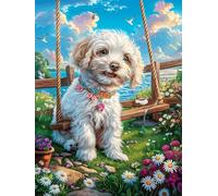 Cachorro de bichón frisé en el jardín de Flores Puzzles 300 Piezas Decoración Hogar 3D Cuento de Hadas mágico de Animales Rompecabezas Familiar para Adultos Obra De Arte Colorido DIY Creativo 300 PCS