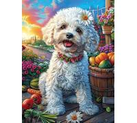Cachorro de bichón frisé en el jardín de flores Puzzles 300 Piezas Maquetas Educativas Avanzadas Lindo cuento de hadas acompañante Desafío Intelectual Para Familia DIY Creativo Construir Juguete Educa