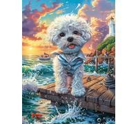 Cachorro de bichón frisé en el muelle costero Puzzle 500 Piezas Impossible Creativo Cuento de hadas acompañante mágico Rompecabezas 3D Obra De Arte Para Toda La Familia Juguete Educativo Decoración 50