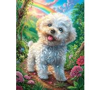 Cachorro de Bichón Frisé en jardín Floral Puzzle 300 Piezas Maquetas Construir 3D Detalladas Rompecabezas Educativo para Familia Aliviar Estrés Estera Portátil Moderno 300 PCS