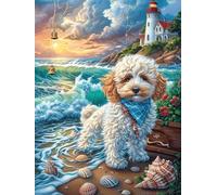 Cachorro de bichón frisé en la Playa Puzzle 300 Piezas Colorido Vibrante Cuento de Hadas acompañante mágico Rompecabezas para Adultos Obra De Arte Familiar Estera Portátil DIY Creativo 300 PCS