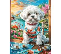 Cachorro de Bichón Frisé Tomando el té Puzzle 300 Piezas Cartón Blanco Premium para Expertos Vida Silvestre y Mascotas Mejora Concentración Ejercita La Mente Actividad Días Libres 30