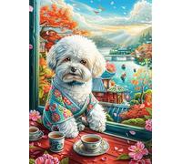 Cachorro de Bichón Frisé Tomando el té Rompecabezas 300 Piezas Cartón Resistente para Adolescentes Dibujo Animado de Paisajes de Cuento de Hadas Actividades Grupales Mejor Valorado Par