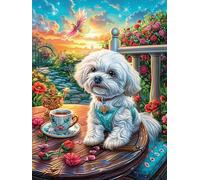 Cachorro de bichón frisé tomando té Puzzles 300 Piezas Decorativo Coleccionable Paisaje de cuento de hadas en caricatura Obra De Arte Rompecabezas Familiar Para Adultos Desafío Avanzado DIY Creativo 3