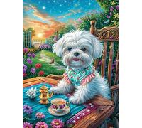 Cachorro de bichón frisé Tomando té Puzzles 300 Piezas Maquetas Educativas 3D Cuento de Hadas acompañante mágico Rompecabezas para Familia Construir DIY Aliviar Estrés Decoración Hogar 300 PCS