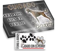 "Cachorro de Boxer Cartel Cuidado con el Perro 20x12,5cm - Diseño Antracita en Dibond con Pegatina Coche 20x5cm - En Español"